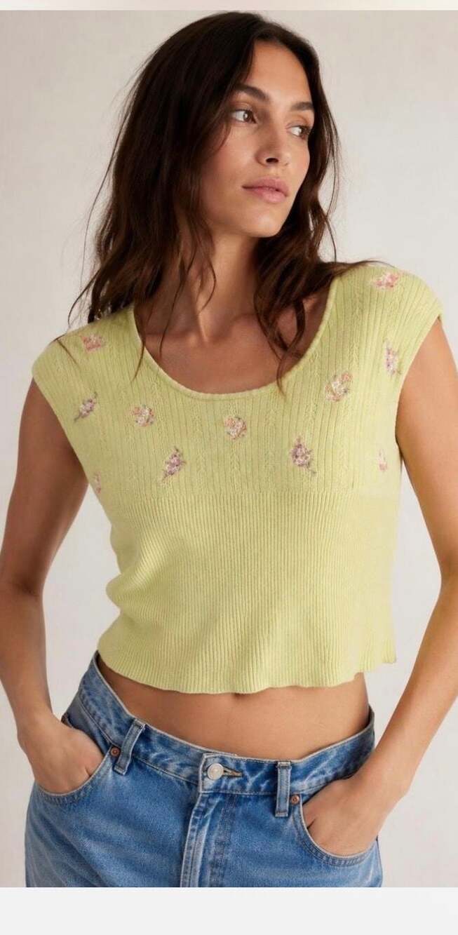 Free People Intimately Lime Green Floral Embroidered Knit Crop Tank Top Small